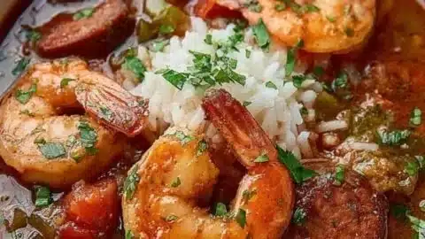 Delicious bowl of Cajun Jambalaya Soup garnished with fresh herbs and spices.