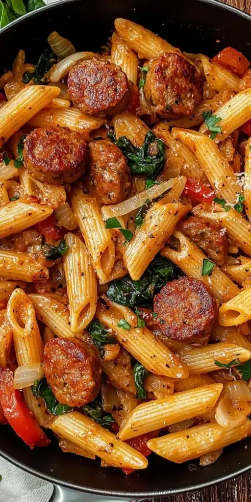 Bowl of spicy Cajun Sausage Pasta with colorful vegetables and herbs