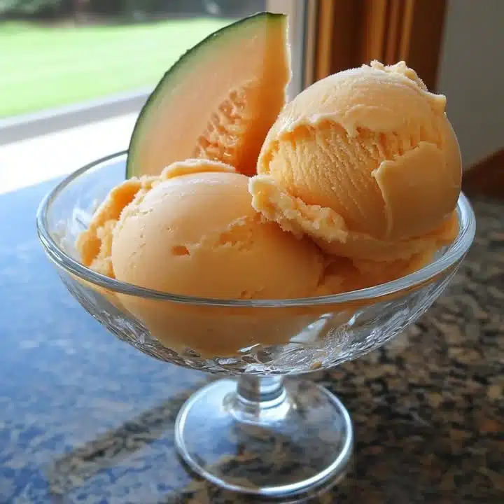 Delicious homemade cantaloupe ice cream in a bowl with fresh cantaloupe slices