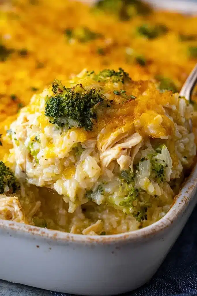 Cheesy Broccoli Chicken and Rice Casserole garnished with herbs