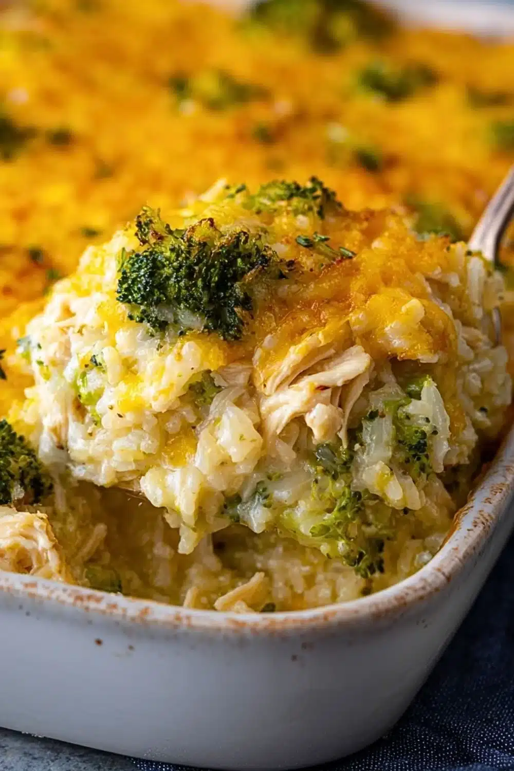 Cheesy Broccoli Chicken and Rice Casserole garnished with herbs