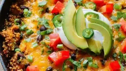 Cheesy quinoa and black bean taco skillet topped with fresh ingredients.