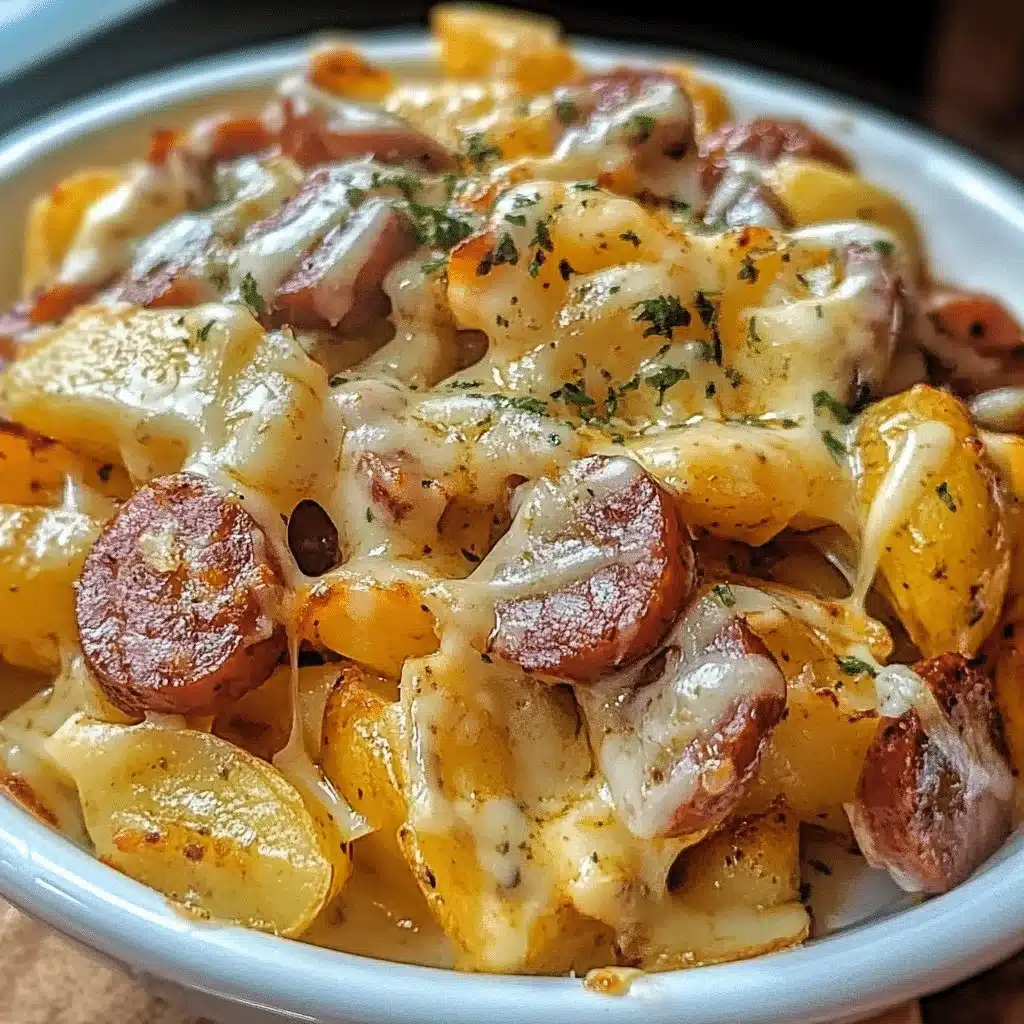 Cheesy Ranch Potatoes served with smoked sausage on a plate