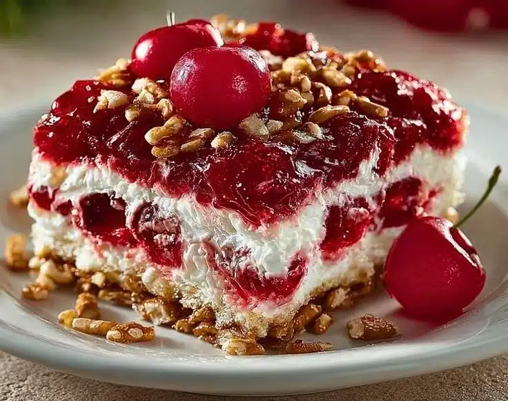 Delicious Cherry Pretzel Squares served on a platter.