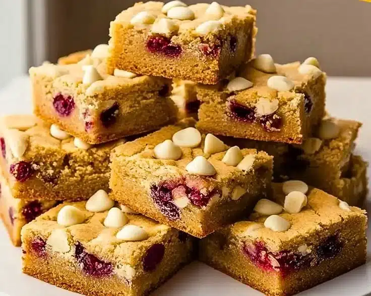 Chewy white chocolate cranberry blondies on a white plate