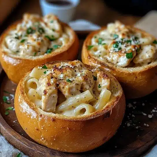 Chicken Alfredo Garlic Bread Bowls with creamy sauce and herbs