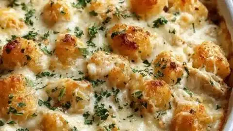 Chicken Alfredo Tater Tot Casserole ready to serve, topped with cheese and herbs.