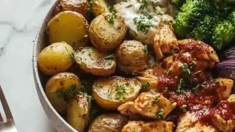 Delicious Chicken and Roasted Potato Bowl with colorful vegetables.