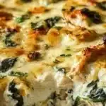 Delicious Chicken and Spinach Casserole with Cream Cheese served in a dish.