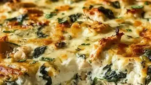 Delicious Chicken and Spinach Casserole with Cream Cheese served in a dish.