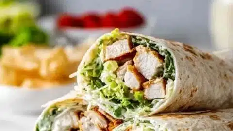 Delicious Chicken Caesar Wraps with grilled chicken, romaine, and Caesar dressing.