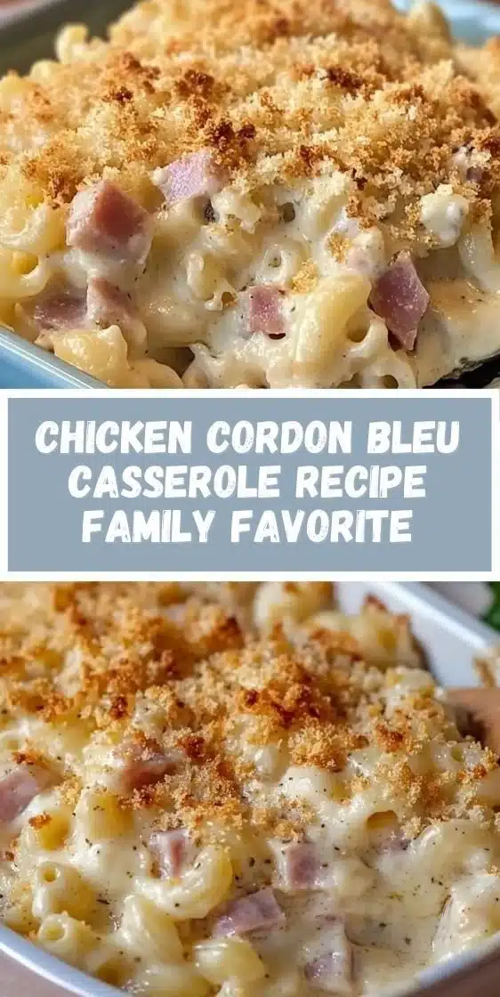 Delicious Chicken Cordon Bleu Casserole topped with melted cheese and ham