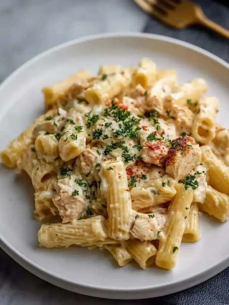 Creamy Chicken Rigatoni Alfredo pasta with chicken and alfredo sauce