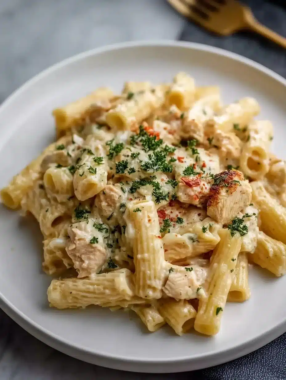 Creamy Chicken Rigatoni Alfredo pasta with chicken and alfredo sauce