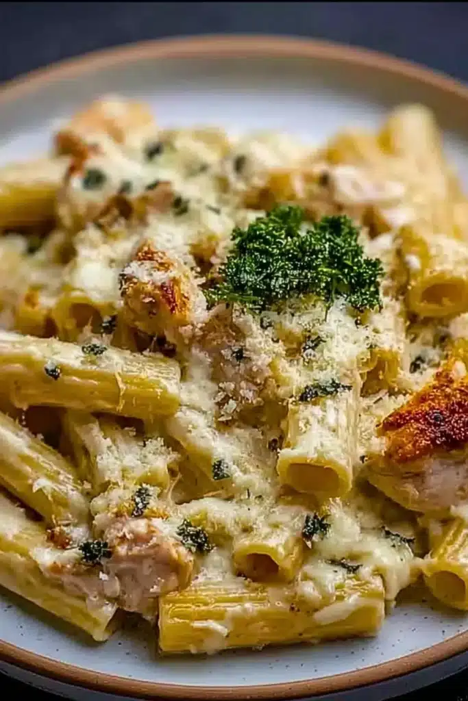 Creamy Chicken Rigatoni Alfredo pasta topped with parsley on a white plate.