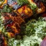 Chimichurri grilled chicken bowl topped with garlic sauce and fresh herbs.