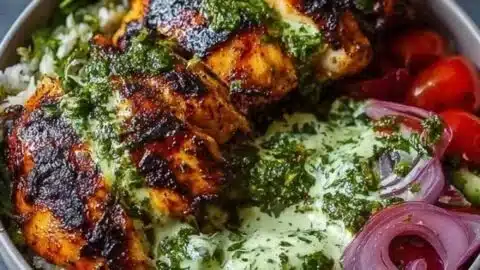 Chimichurri grilled chicken bowl topped with garlic sauce and fresh herbs.