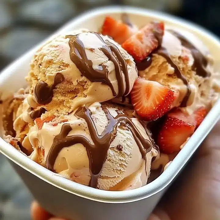 Delicious chocolate-covered strawberry ice cream scoop with fresh strawberries
