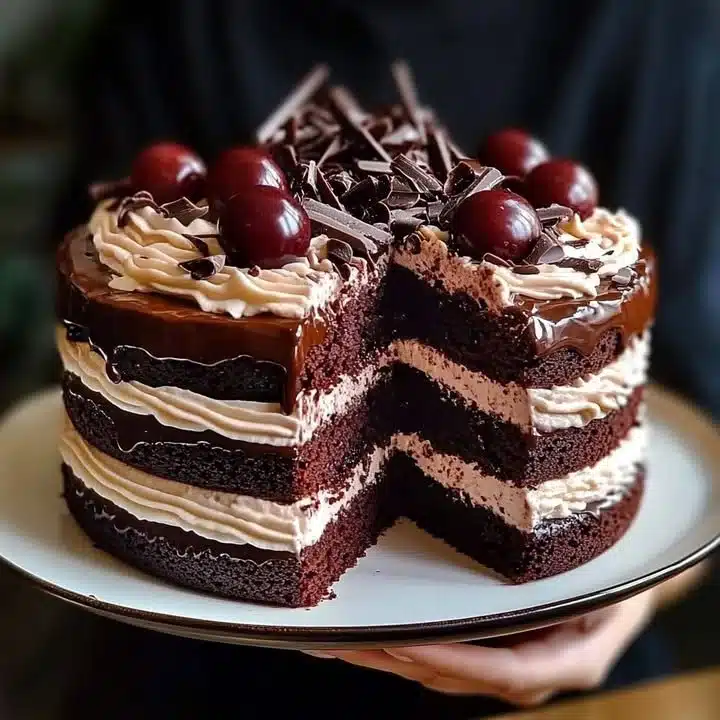 Decadent Chocolate Forest Cake with layers of chocolate and forest decor