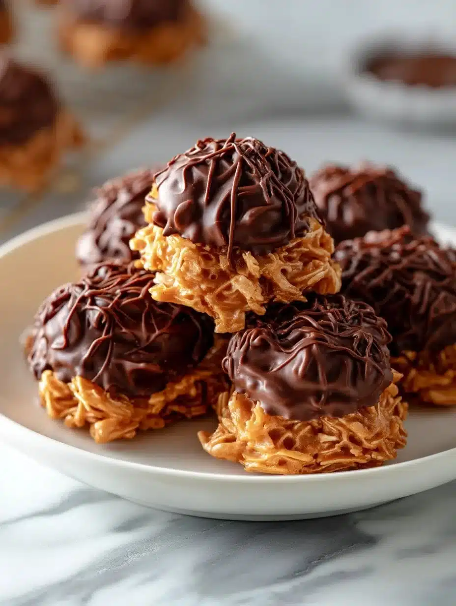 No-bake Chocolate Peanut Butter Haystacks dessert on a plate, ready to enjoy.