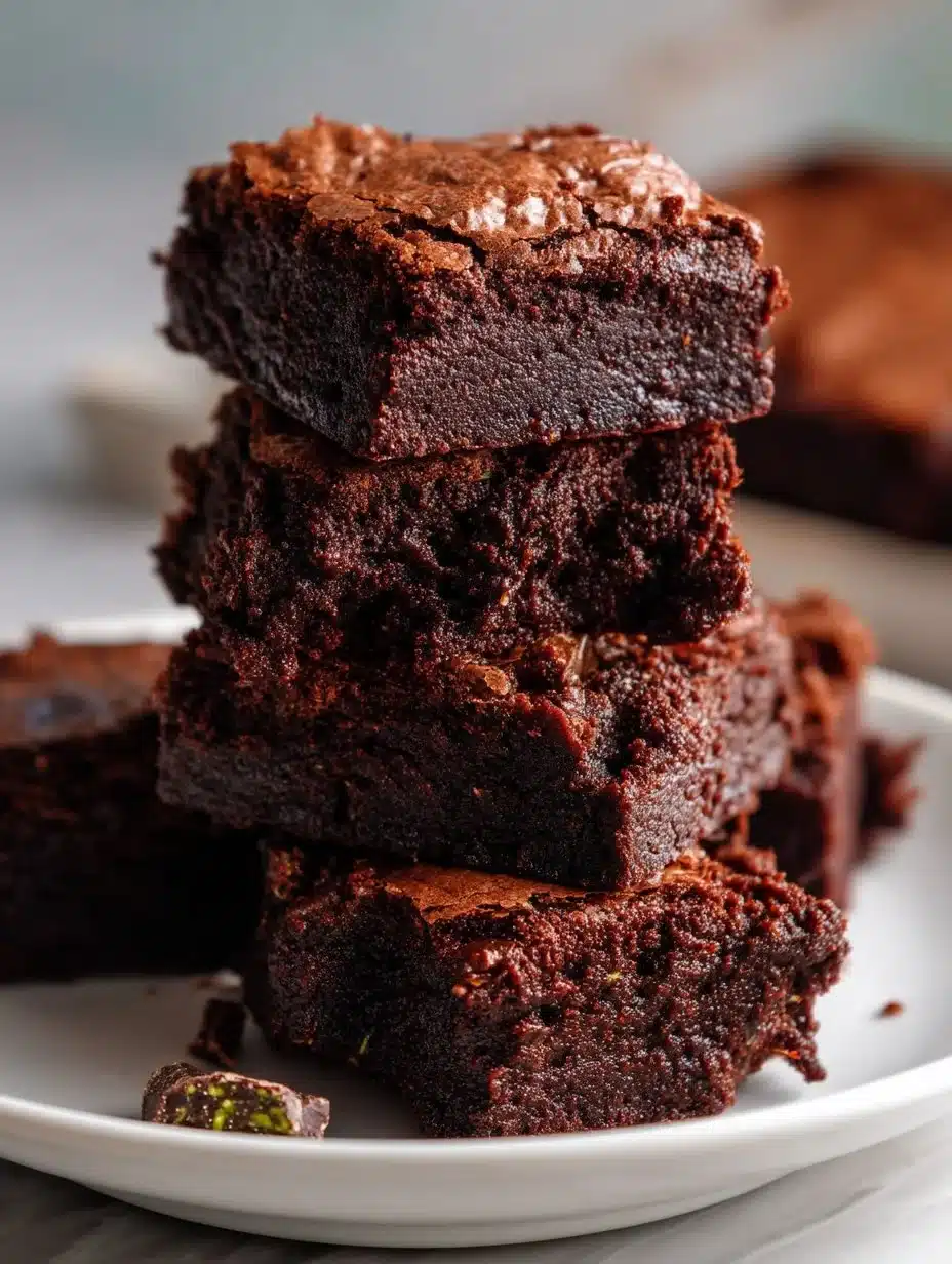 Decadent chocolate zucchini brownies on a wooden table, showcasing their rich texture.