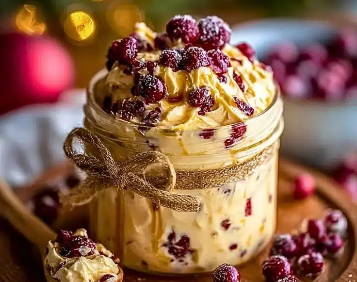 Homemade Christmas Cranberry Honey Butter in a festive jar