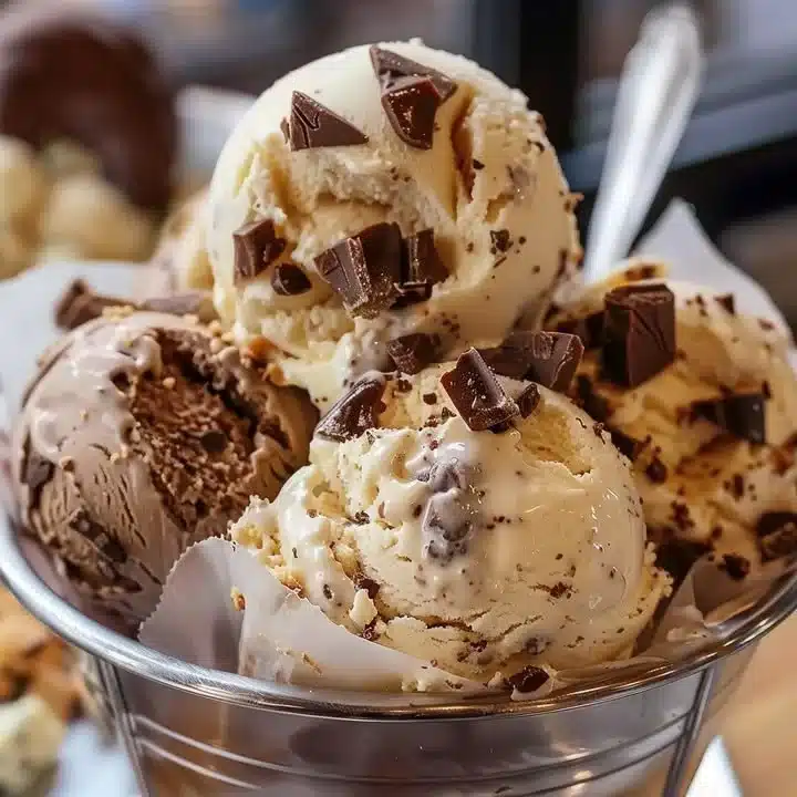 Scoop of Chunky Monkey ice cream with bananas, chocolate chunks, and walnuts