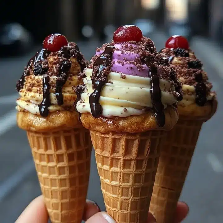 Delicious churro ice cream cones topped with sweet cinnamon sugar