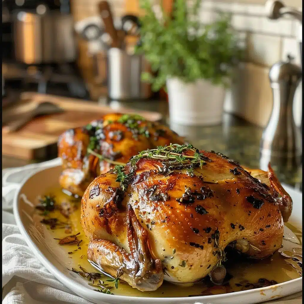 Cider Maple Oven Roasted Cornish Hen served with sides on a wooden table