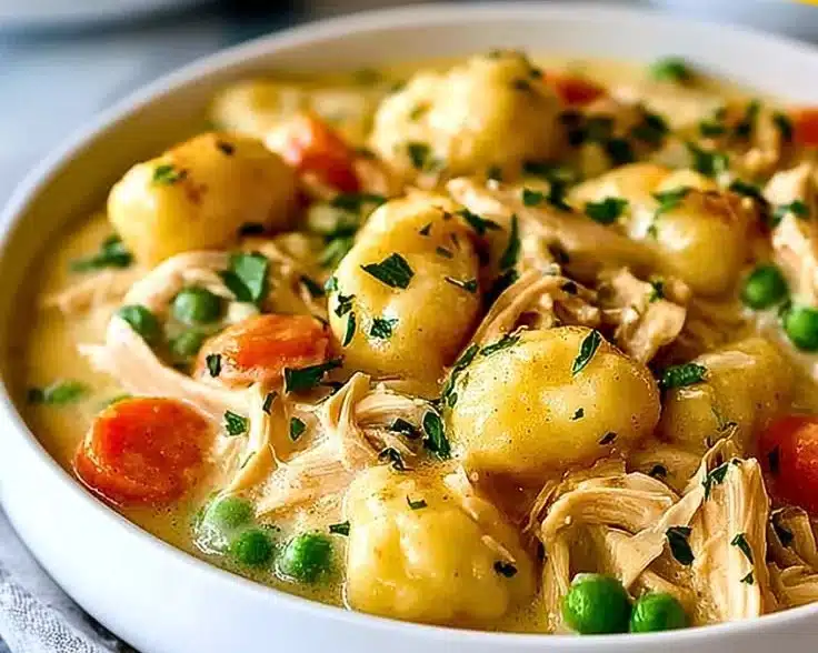 Plate of classic chicken and dumplings with gnocchi, garnished with herbs