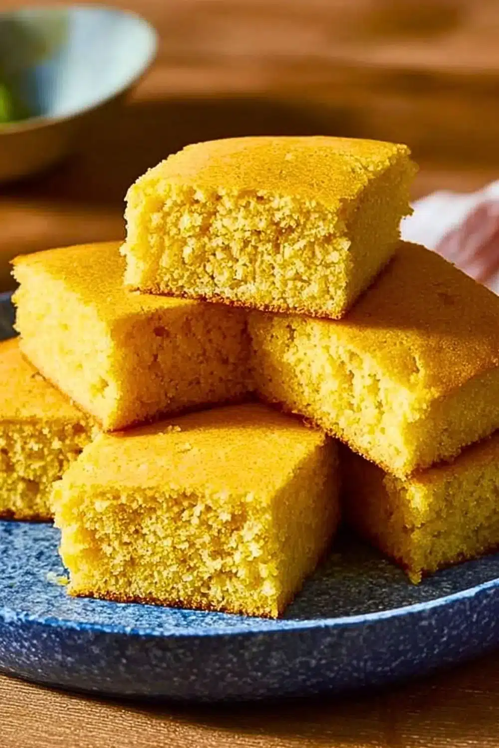 A slice of classic Southern cornbread on a rustic wooden table.