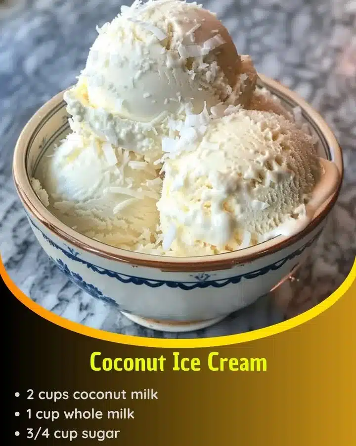 Bowl of creamy coconut ice cream topped with shredded coconut
