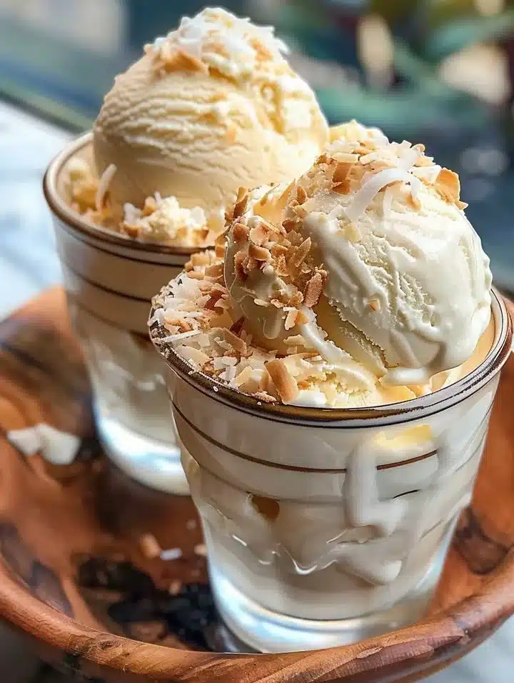 Delicious bowl of coconut ice cream topped with shredded coconut flakes