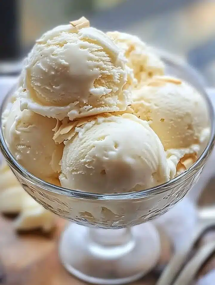 Delicious bowl of homemade coconut ice cream topped with coconut flakes
