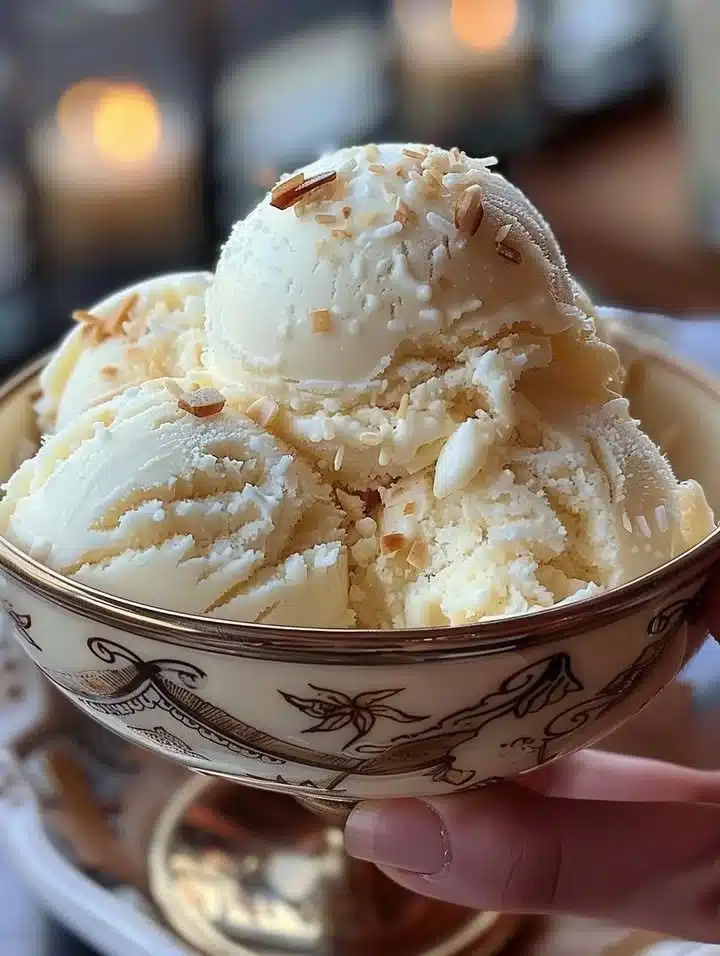 Delicious homemade Coconut Ice Cream in a bowl with fresh coconut garnish