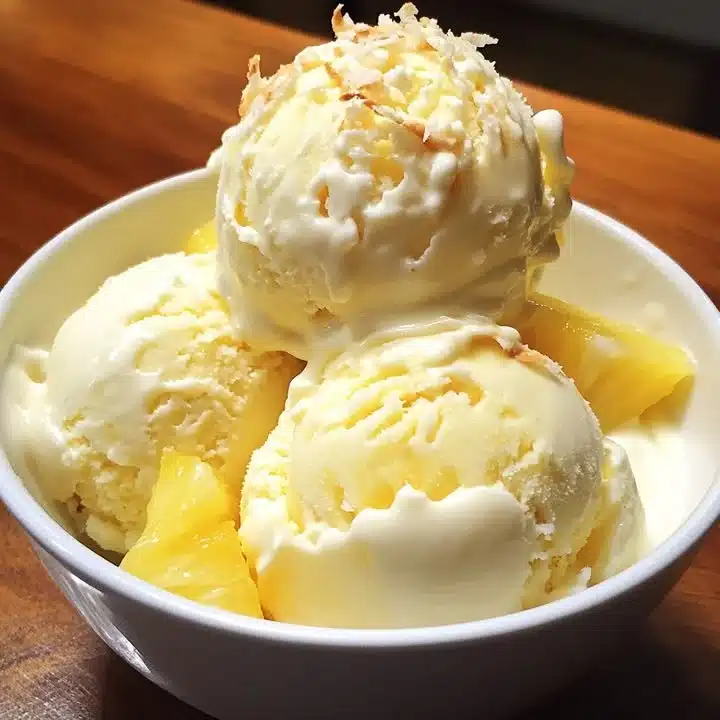 Creamy Coconut Pineapple Ice Cream served in a bowl with a tropical garnish