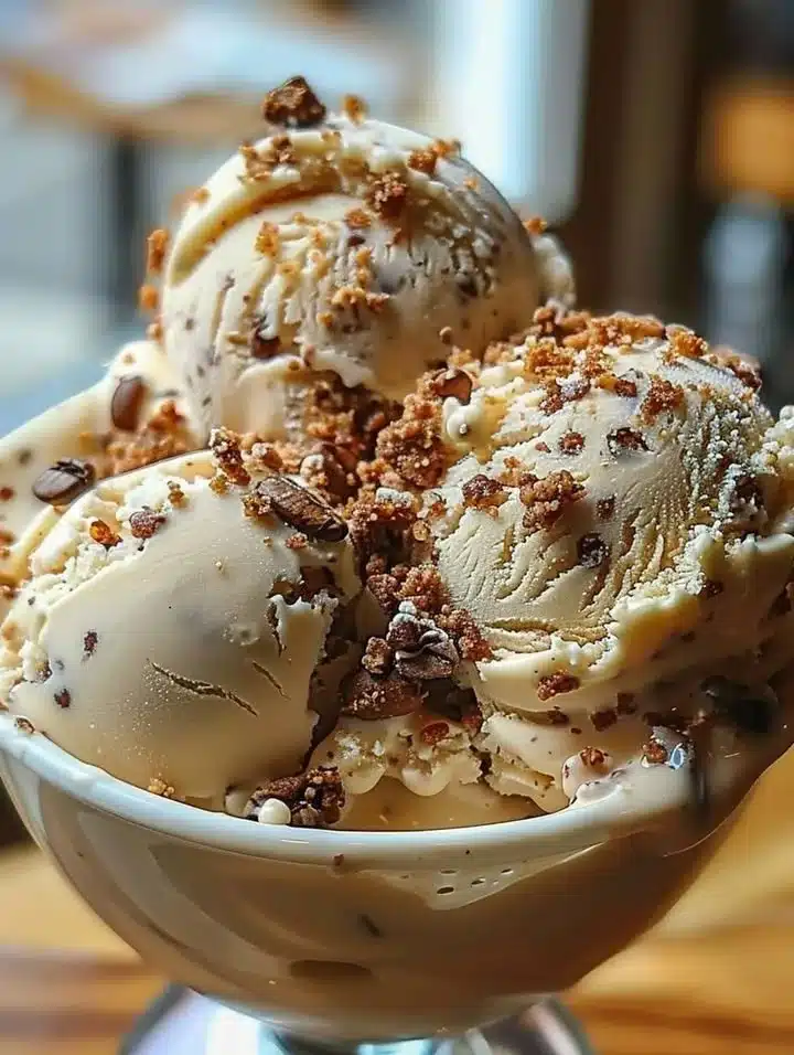 Delicious coffee crumble ice cream topped with crunchy crumble pieces.