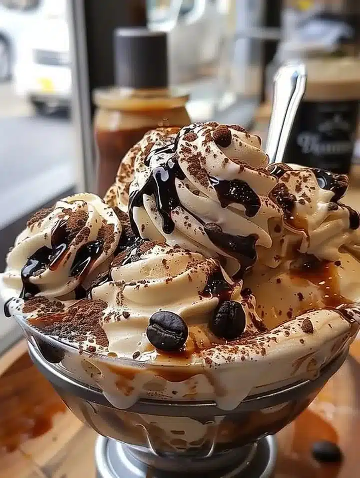 Delicious bowl of coffee ice cream topped with chocolate sprinkles.