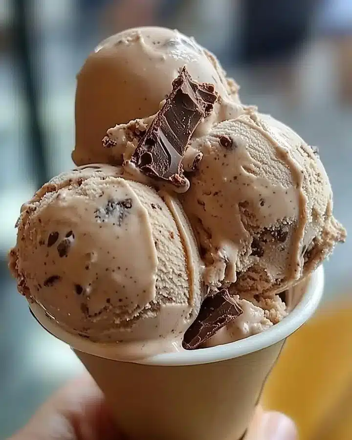 A bowl of coffee ice cream with dark chocolate flecks