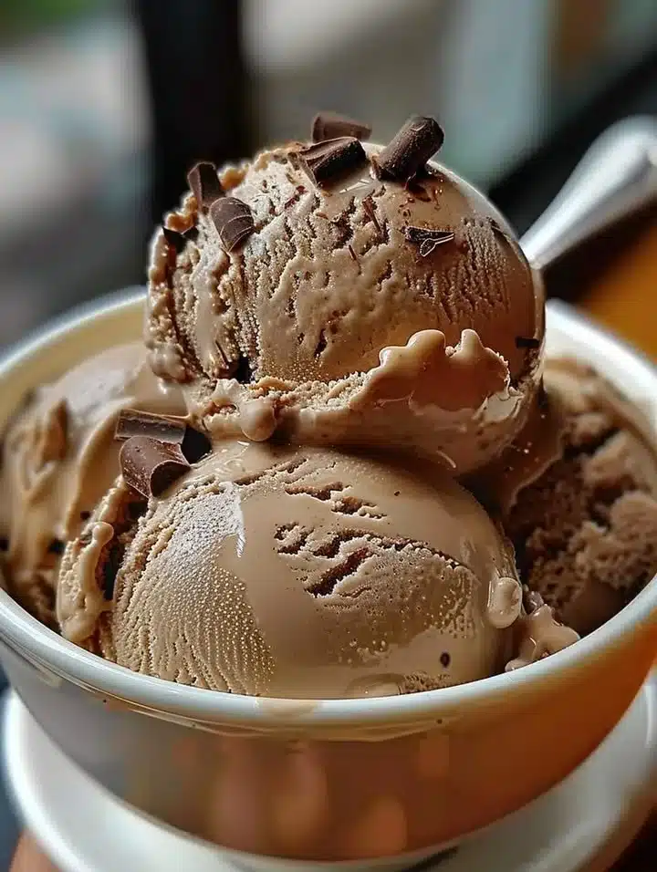 Delicious coffee ice cream with dark chocolate flecks in a bowl.