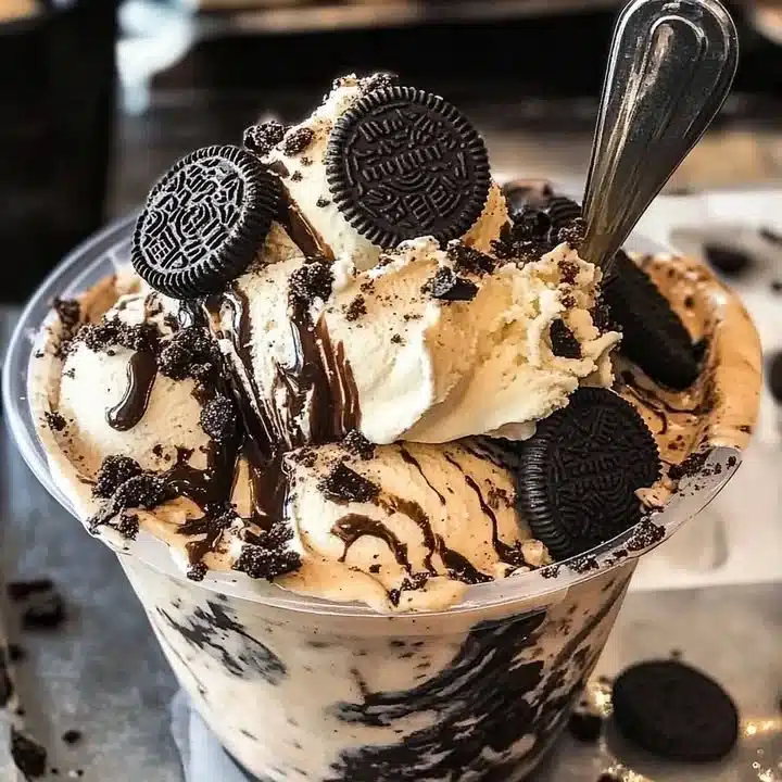 Delicious Coffee Oreo Ice Cream served in a bowl with Oreo cookie pieces