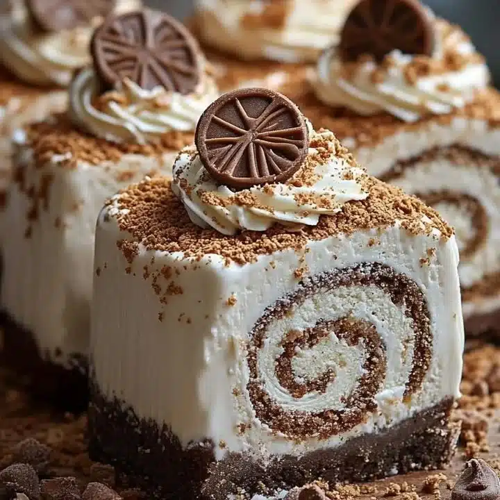 Delicious cookie dough ice cream cake rolls ready to be served.