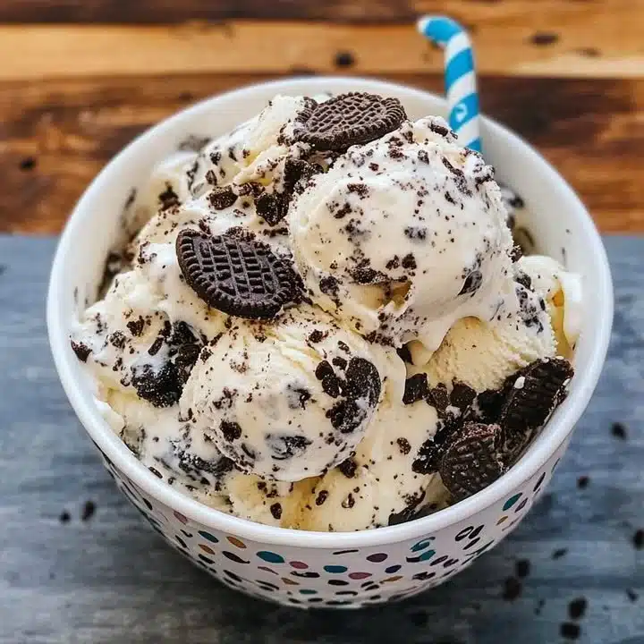 Delicious Cookies and Cream Ice Cream in a bowl topped with cookie crumbles