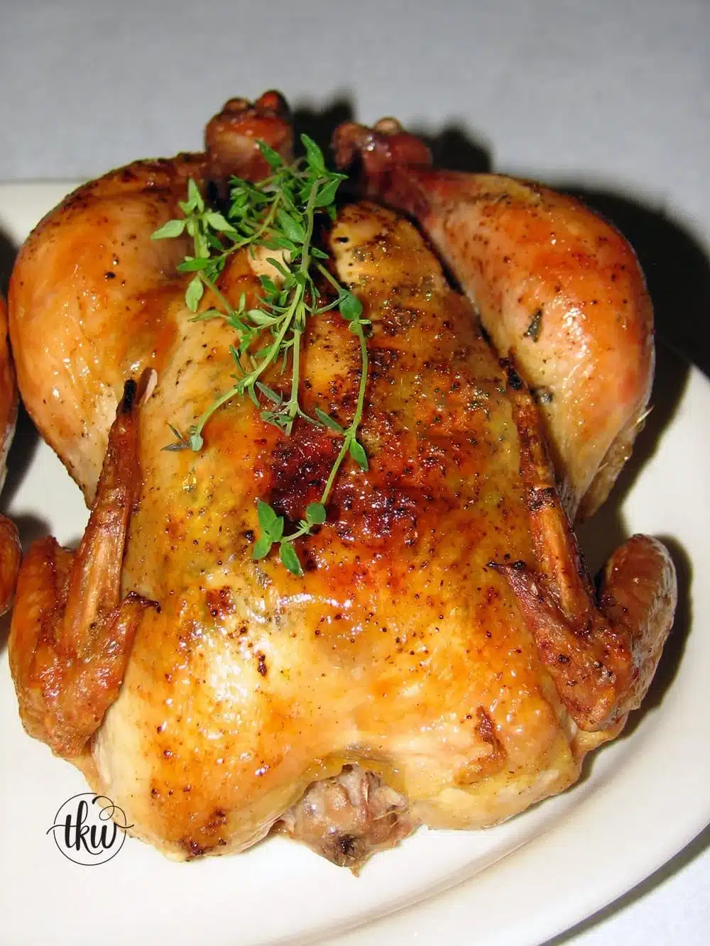 Deliciously roasted Cornish Hens served on a platter with herbs and lemon