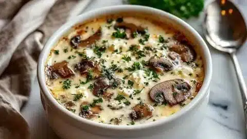 Bowl of cottage cheese mushroom soup garnished with herbs