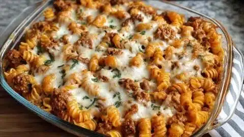 Cottage Cheese Protein Pasta Bake with Ground Beef garnished and baked to perfection
