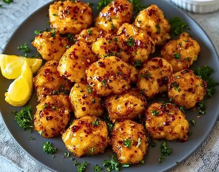 Plate of Cowboy Butter Chicken Bites with herbs and spices