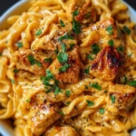 Cowboy Butter Chicken Pasta with creamy sauce and garnished herbs
