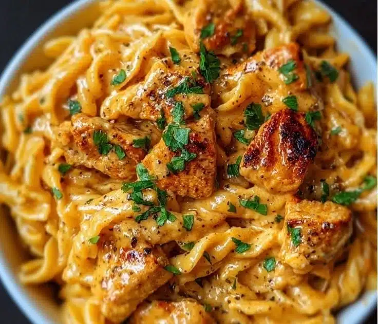 Cowboy Butter Chicken Pasta with creamy sauce and garnished herbs