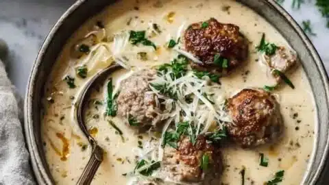Cozy Swedish meatball soup with tender meatballs and vegetables in creamy broth